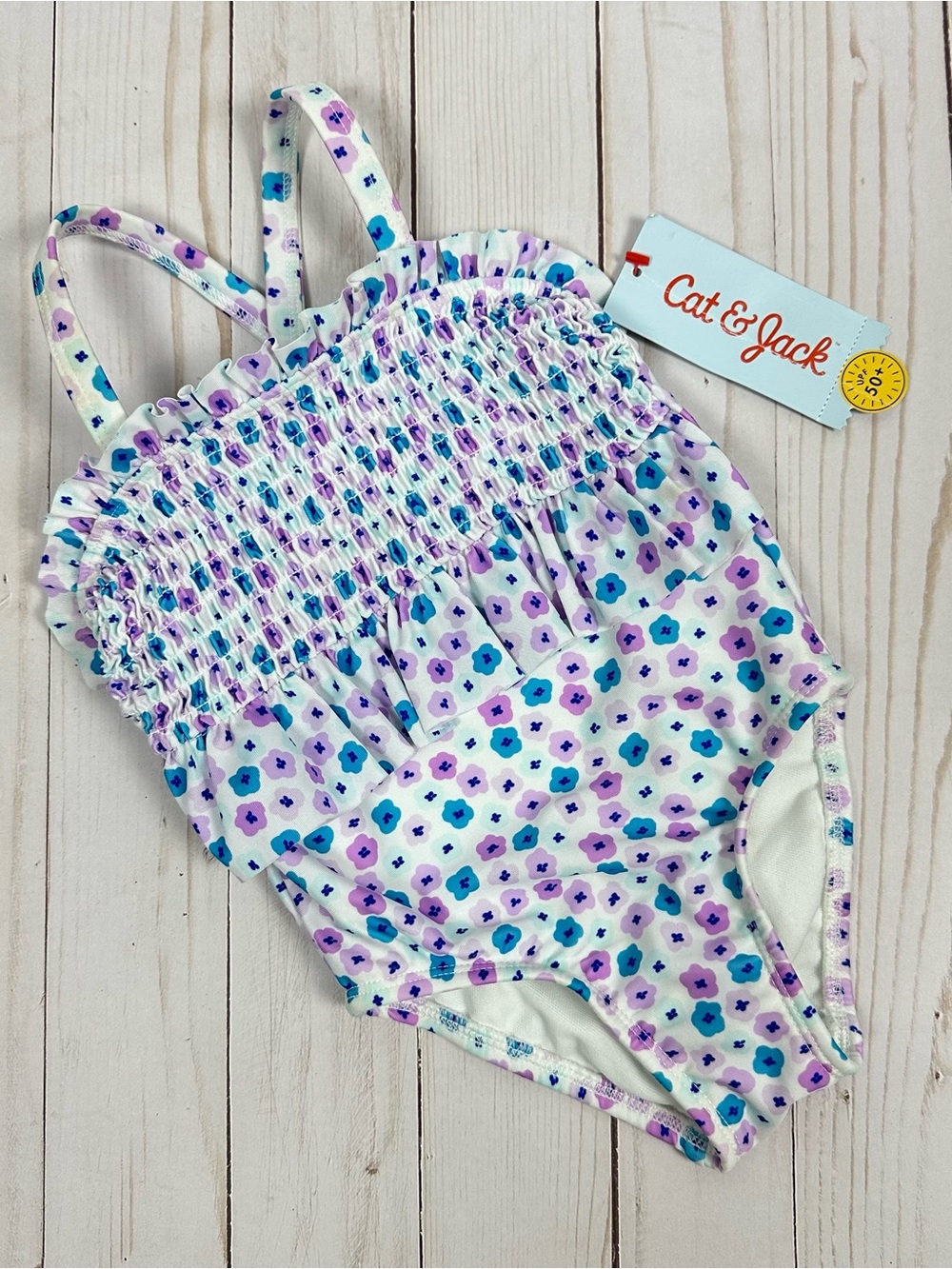 CAT & JACK baby toddler purple & blue floral one-piece swim suit - size 12 m